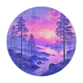 紫の夕焼け風景アート カッティングボード