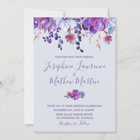 紫の多肉類結婚式招待状 招待状 (正面)