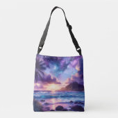 紫の夜空 月 熱帯のビーチ クロスボディバッグ (裏面)