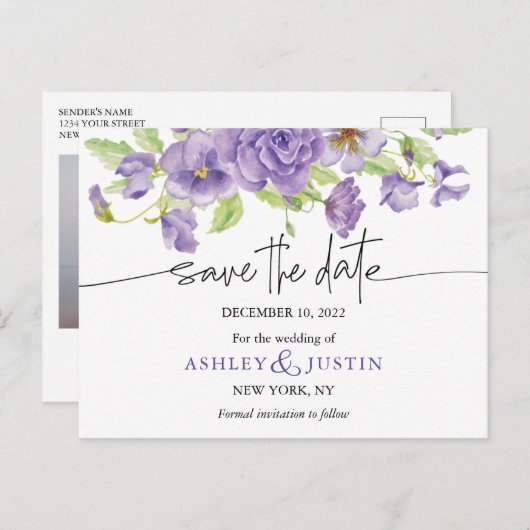 紫の夢のスタイリッシュ花模様 案内ポストカード (正面/裏面)