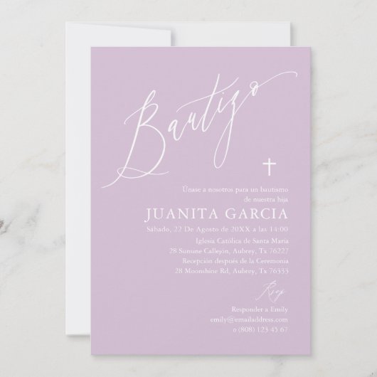 紫の女の子の洗礼招待状 招待状 (正面)