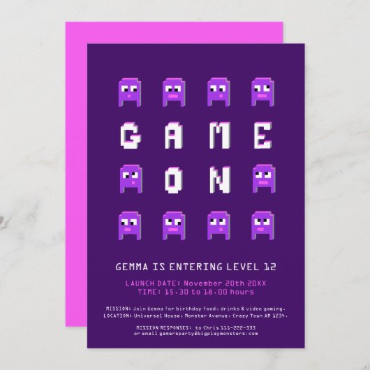 紫の女の子ゲーム誕生日パーティーでゲーム 招待状 (正面/裏面)