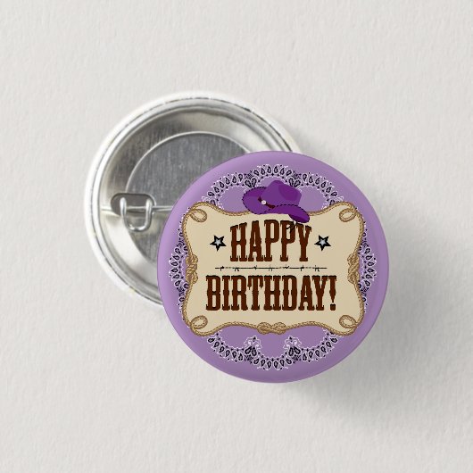 紫の女性のカーボーイ誕生日ボタン 缶バッジ (正面&裏面)
