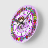 紫の妖精の花と蝶お洒落 ラウンド壁時計 (傾斜)