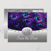 紫の孔雀の結婚式の日付カードを保存 案内ポストカード (正面/裏面)