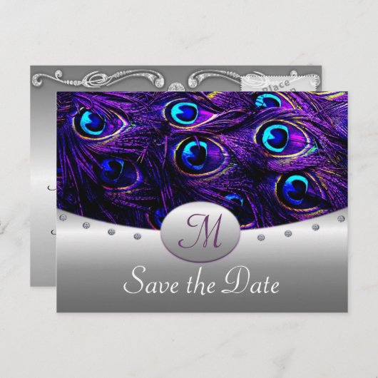 紫の孔雀の結婚式の日付カードを保存 案内ポストカード (正面/裏面)