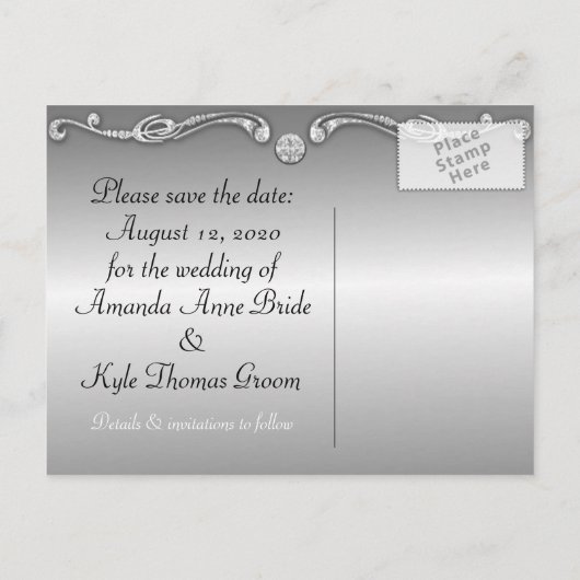 紫の孔雀の結婚式の日付カードを保存 案内ポストカード (裏面)