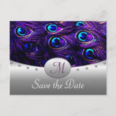 紫の孔雀の結婚式の日付カードを保存 案内ポストカード (正面)