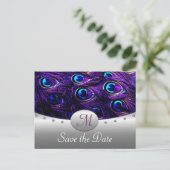 紫の孔雀の結婚式の日付カードを保存 案内ポストカード (スタンド正面)