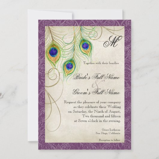 紫の孔雀の羽の水の色ビンテージウェディング 招待状 (正面)