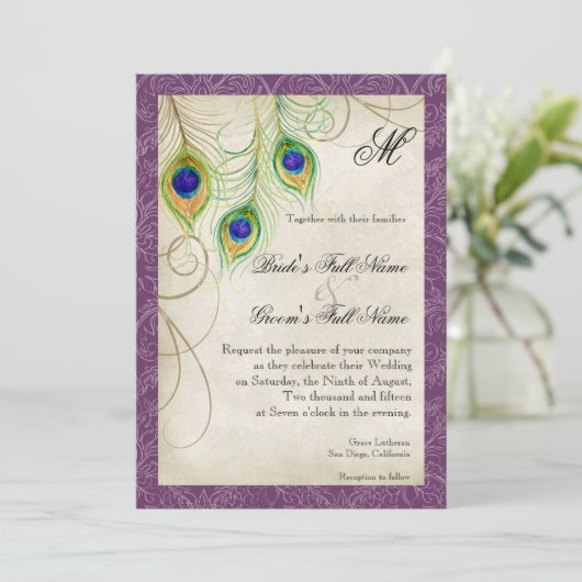 紫の孔雀の羽の水の色ビンテージウェディング 招待状 (スタンド正面)