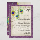 紫の孔雀の羽の水の色ビンテージウェディング 招待状 (正面/裏面)
