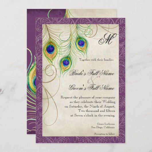 紫の孔雀の羽の水の色ビンテージウェディング 招待状 (正面/裏面)