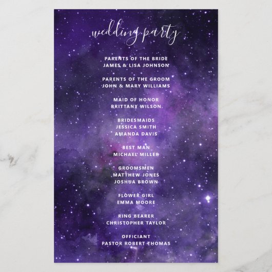 紫の宇宙ナイトスタースクリードウェディングプログラム (裏面)