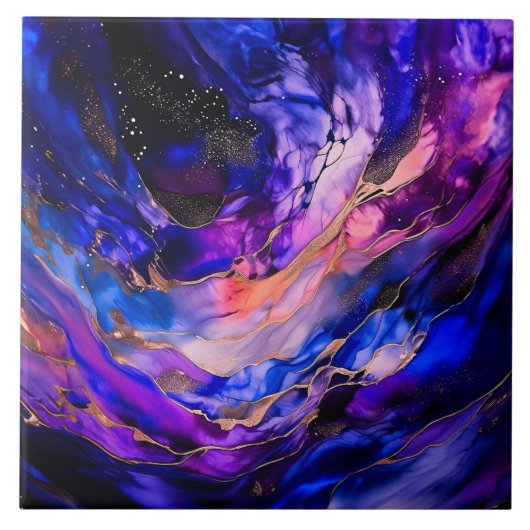 紫の宇宙星雲アルコールインク タイル (正面)