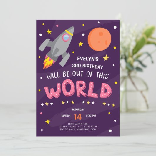紫の宇宙誕生日招待状と写真 招待状 (スタンド正面)