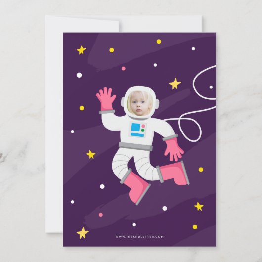 紫の宇宙誕生日招待状と写真 招待状 (裏面)