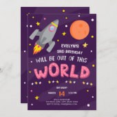 紫の宇宙誕生日招待状と写真 招待状 (正面/裏面)