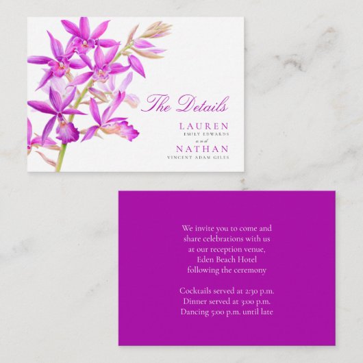 紫の宝石蘭の結婚式の詳細 エンクロージャーカード (正面/裏面)
