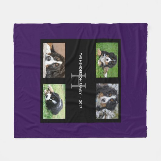 紫の家族ペットの子どもモノグラム4フォトコラージュ フリースブランケット (正面(横))
