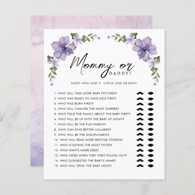 紫の小さなヤミフラワーのママまたはパパのゲーム (正面/裏面)