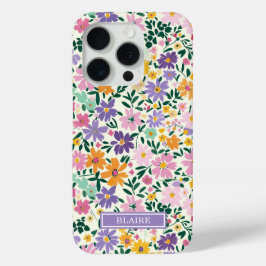 紫の小さな花のモノグラム iPhone 15 PROケース