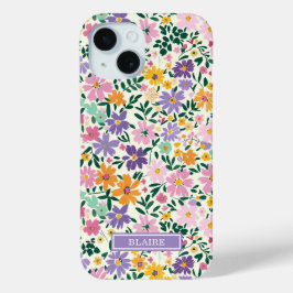 紫の小さな花のモノグラム iPhone 15ケース