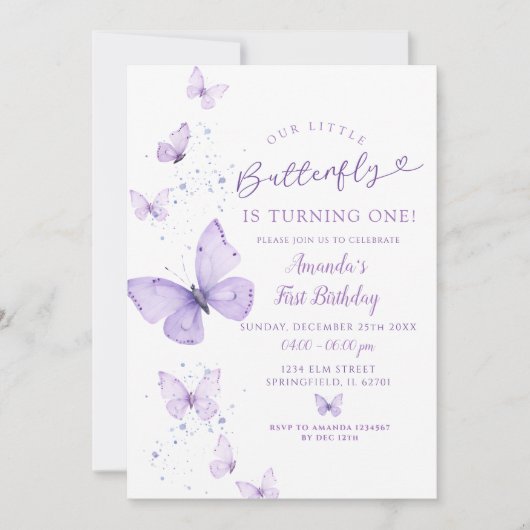 紫の小さな蝶が一つの誕生日 招待状 (正面)