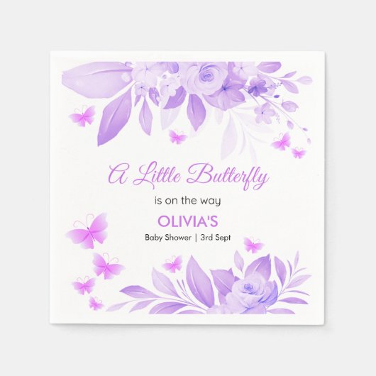紫の小さな蝶が赤ちゃんシャワーの途中にある スタンダードカクテルナプキン (正面)