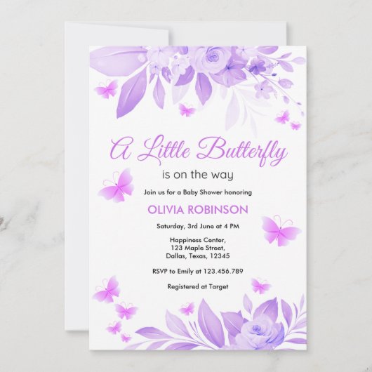 紫の小さな蝶が赤ちゃんシャワーの途中にある 招待状 (正面)