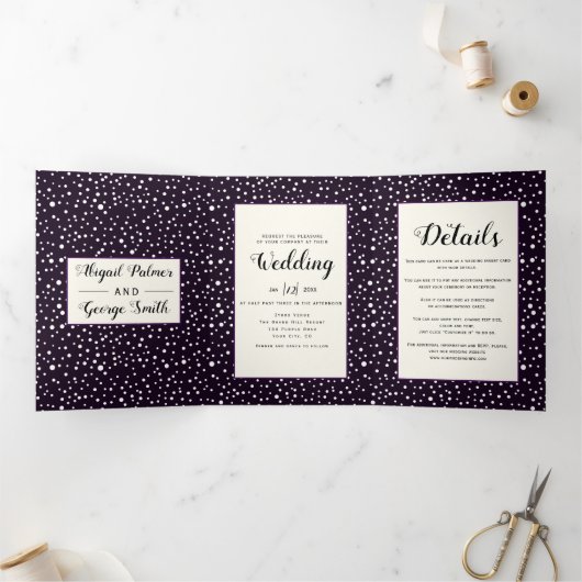 紫の山と木の写真の冬の結婚式 三つ折り招待状 (内部)