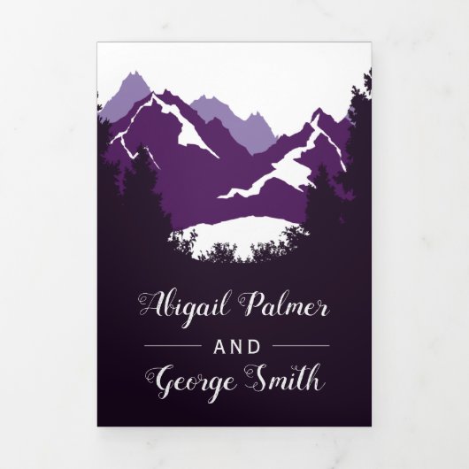 紫の山と木の写真の冬の結婚式 三つ折り招待状 (カバー)