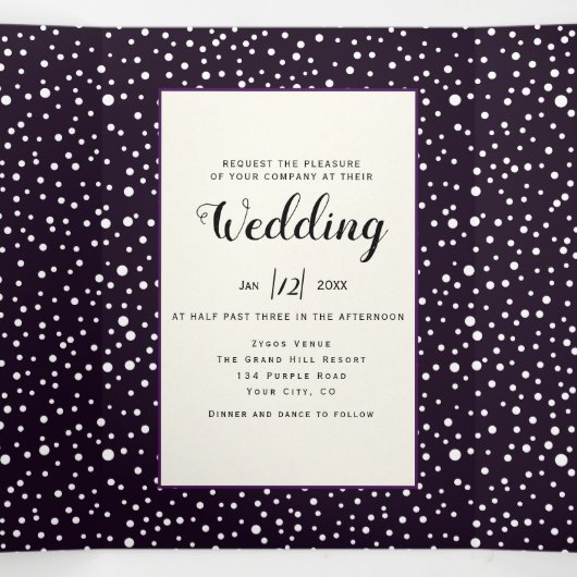 紫の山と木の写真の冬の結婚式 三つ折り招待状 (内部中)