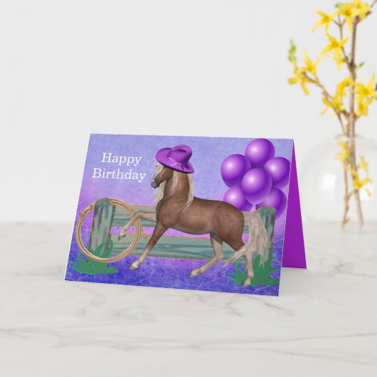 紫の帽子と風船の馬の誕生日おめでとう カード (黄色い花)
