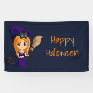 紫の帽子のかわいい魔女 ハッピーハロウィン 横断幕