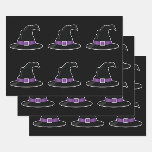 紫の帽子ハロウィンパターンの詳細の魔女の帽子 ラッピングペーパーシート (セット)