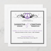 紫の平和のサイン黒い渦巻き白結婚の 招待状 (正面/裏面)