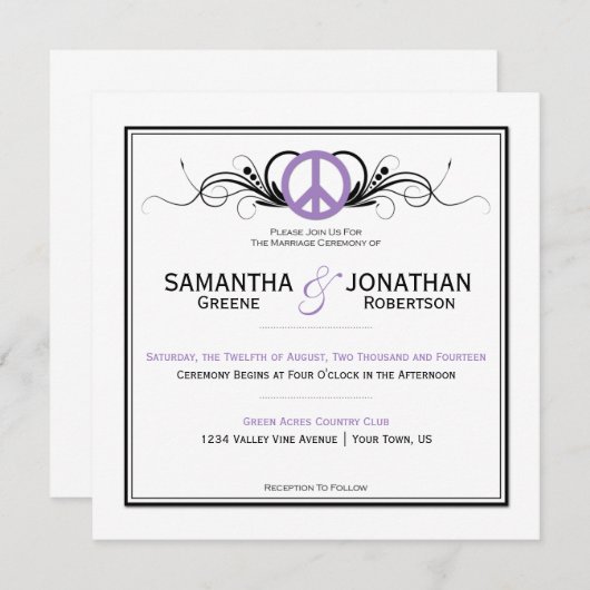紫の平和のサイン黒い渦巻き白結婚の 招待状 (正面/裏面)
