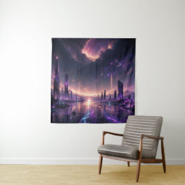 紫の幻想都市壁画 ダークSF タペストリー