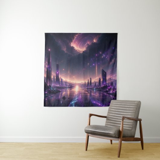紫の幻想都市壁画 ダークSF タペストリー (インサイチュ)