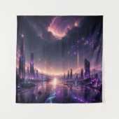 紫の幻想都市壁画 ダークSF タペストリー (正面)