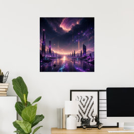紫の幻想都市壁画 ダークSF ポスター