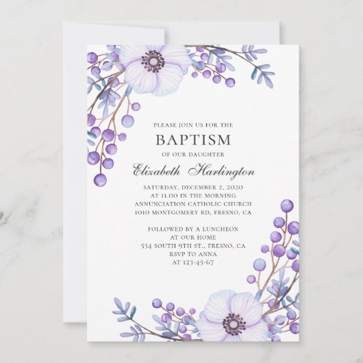 紫の庭の花。バイオレットの花の洗礼式 招待状 (正面)