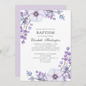 紫の庭の花。バイオレットの花の洗礼式 招待状 (正面/裏面)