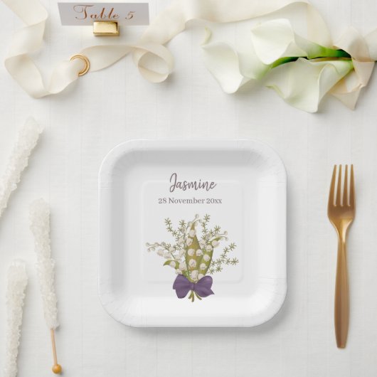 紫の弓と渓谷の花束のユリ ペーパープレート (ウェディング)