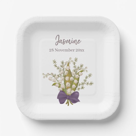 紫の弓と渓谷の花束のユリ ペーパープレート (正面)
