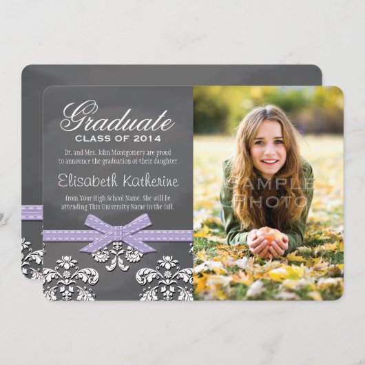 紫の弓の黒板レースの卒業発表 招待状 (正面/裏面)
