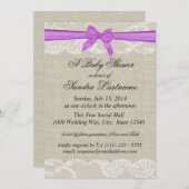紫の弓シャワー付きカントリーレースとバーラップ 招待状 (正面/裏面)