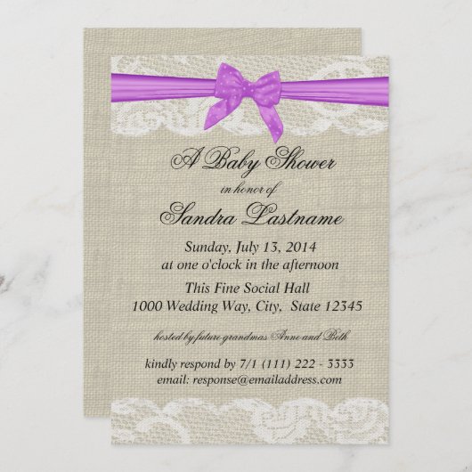 紫の弓シャワー付きカントリーレースとバーラップ 招待状 (正面/裏面)
