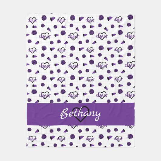 紫の応援ハート、ポンポン、メガフォンパターン フリースブランケット (正面)